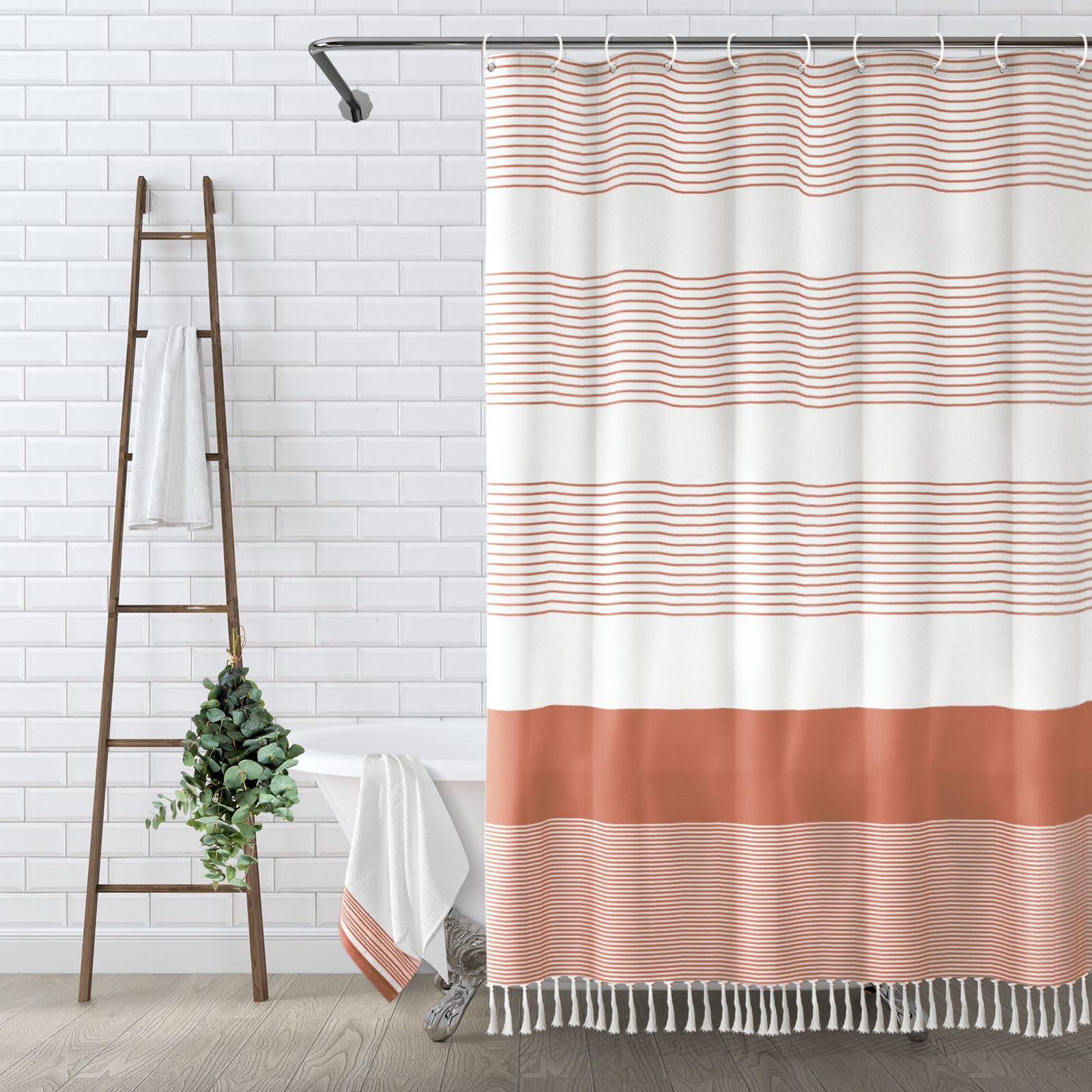 Awellife Boho Coral Shower Curtain For Bathroom Stripe Tassel Shower Curtain 72 X 72 Inches Farmhouse Linen